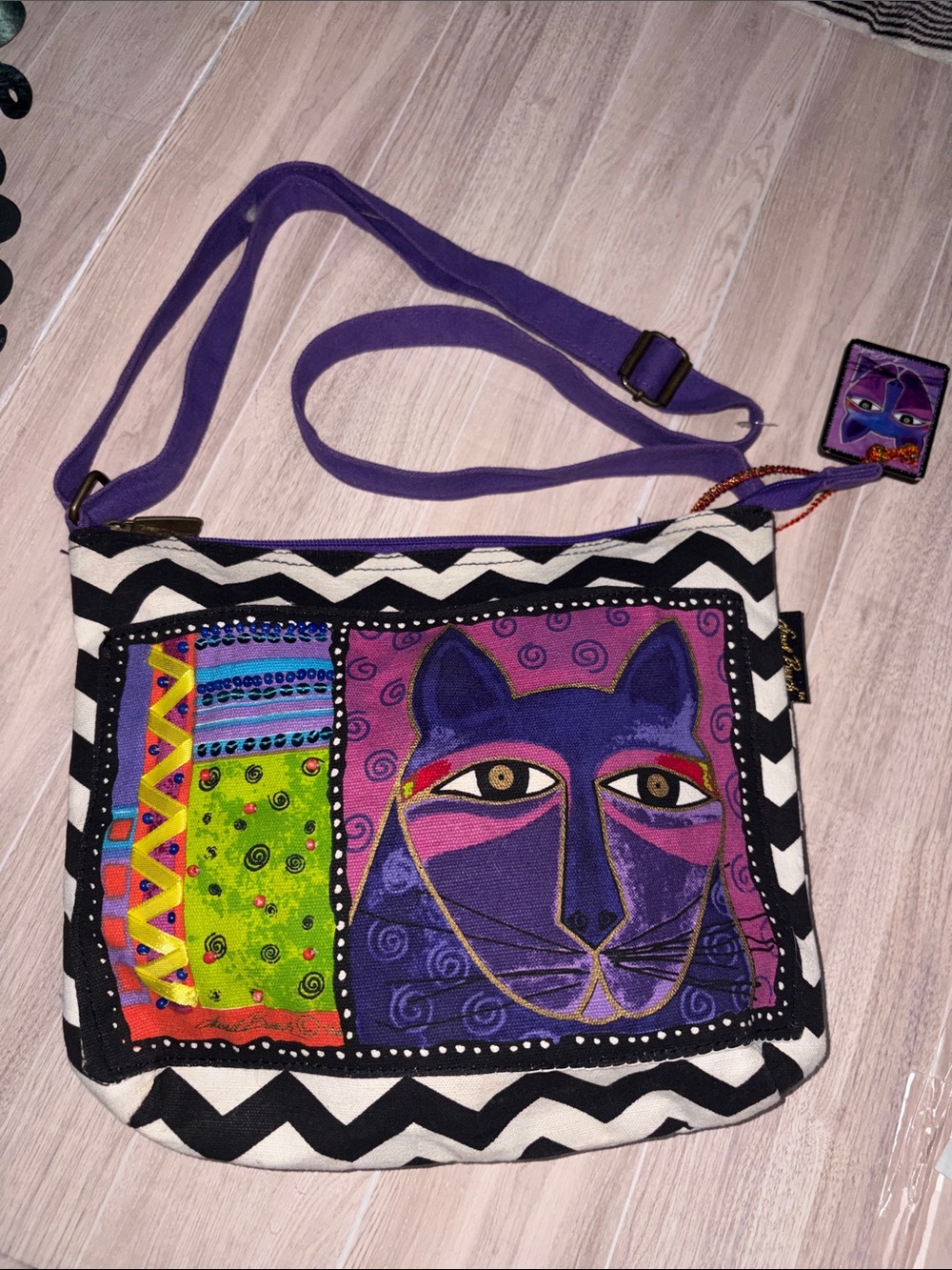 Laurel Burch Purple Cat Canvas Crossbody with Black-and-White Chevron Trim